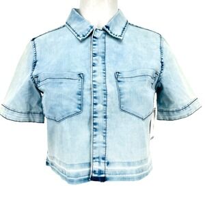 HUDSON Girl Trendy Blue Crop Shirt Sz Large Short Sleeve Raw Hem Snap Button NWT